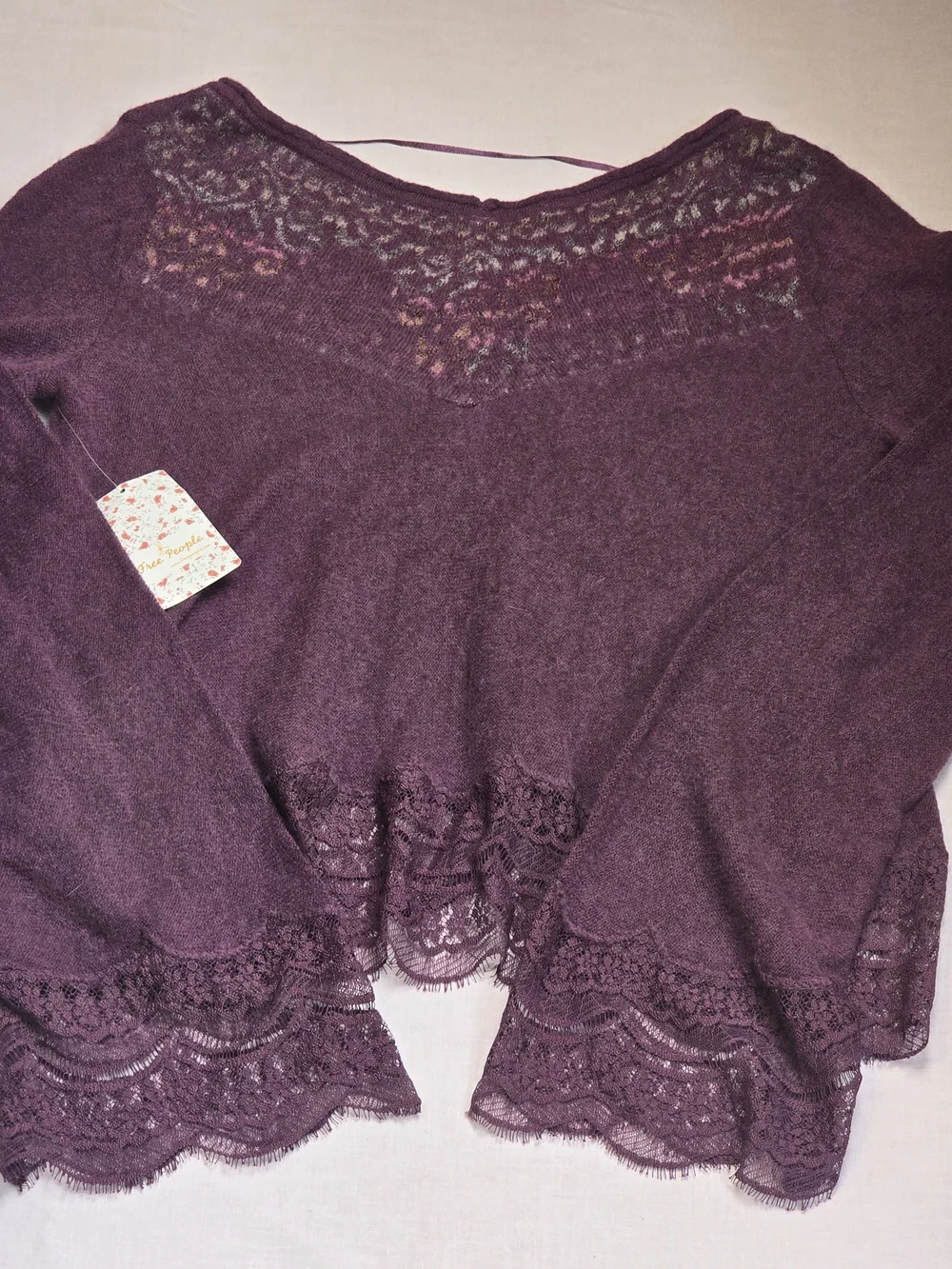Free People Plum Lace-Hem Long Sleeve Top